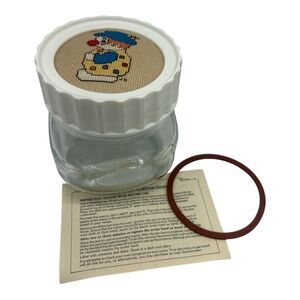 Vintage Ravenhead Kilner Glass Jar with whimisical clown cross-stitched lid 4"